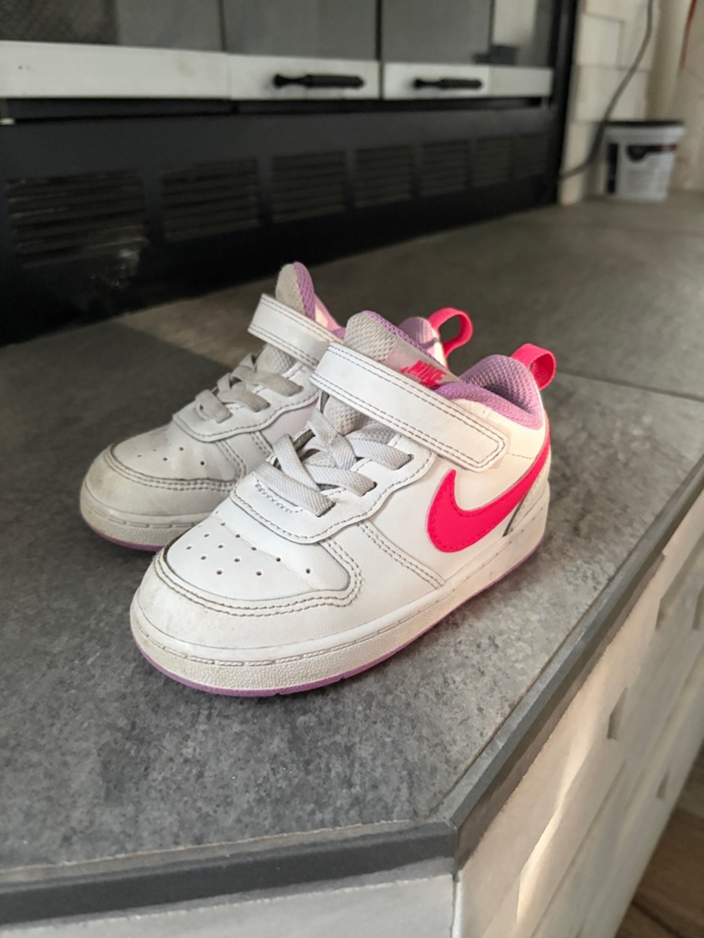 Nike Kids White Sneaker with Hot Pink Swoosh and Lavender Lining